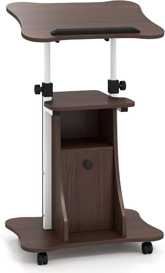 Tangkula Rolling Lectern Podium Stand, Height Adjustable Laptop Table with Tilting Tabletop & Storage Shelves, Compact Standing Desk with Lockable Casters for Home Office School (Brown)