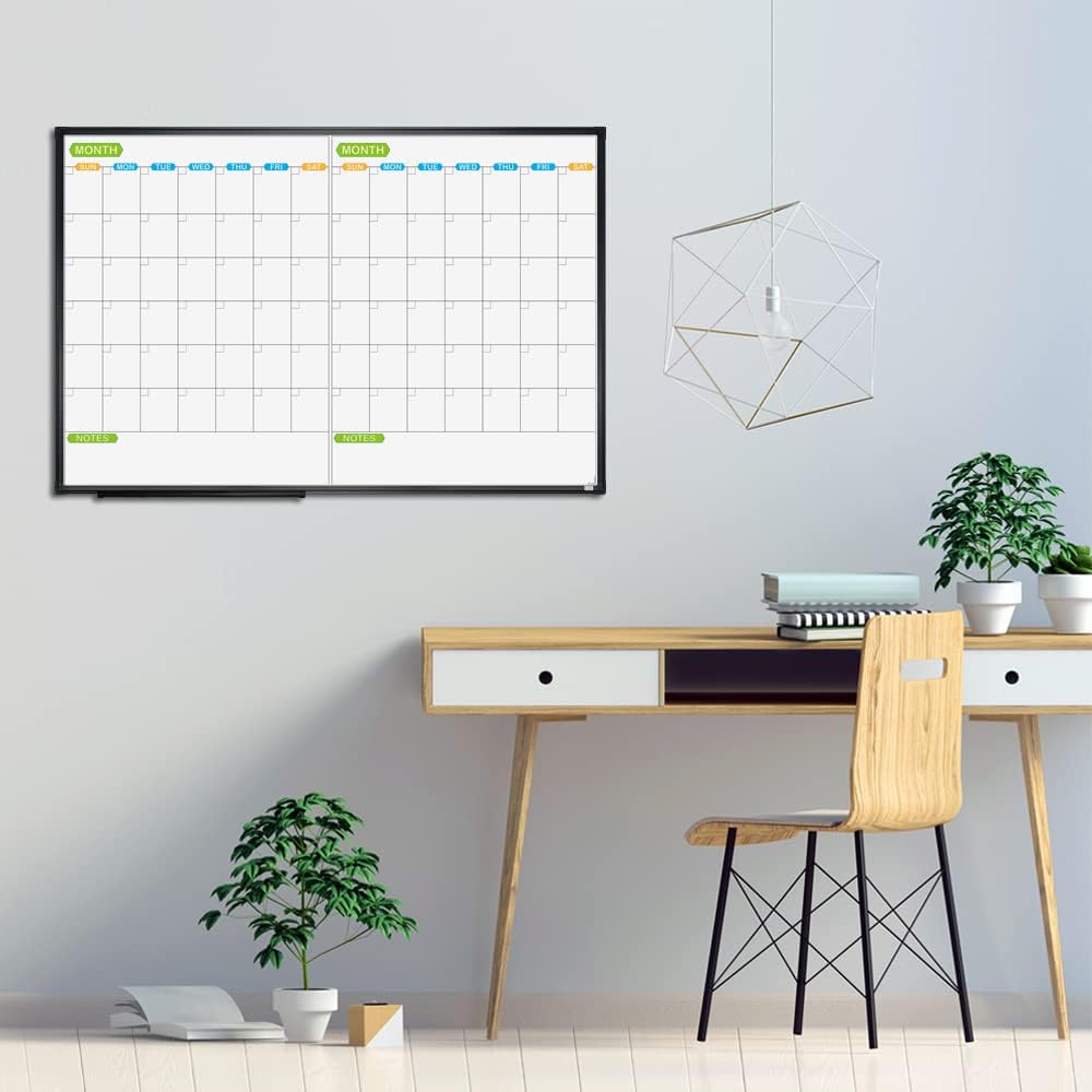 JILoffice Magnetic Dry Erase Calendar Whiteboard, 2 Month White Board Planner 36 X 24 Inch, Black Aluminum Frame Wall Mounted Board for Office Home and School