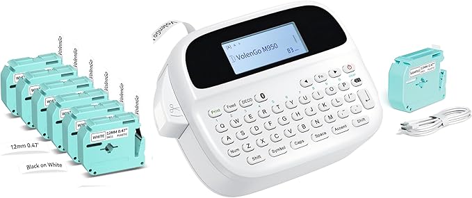 M950 Label Maker Machine Bundle, Rechargeable Portable Labeler Machine with 7 Tapes 12mm White, Bluetooth Handheld Label Printer, Backlit Inkless Labeling Maker for Office School Home