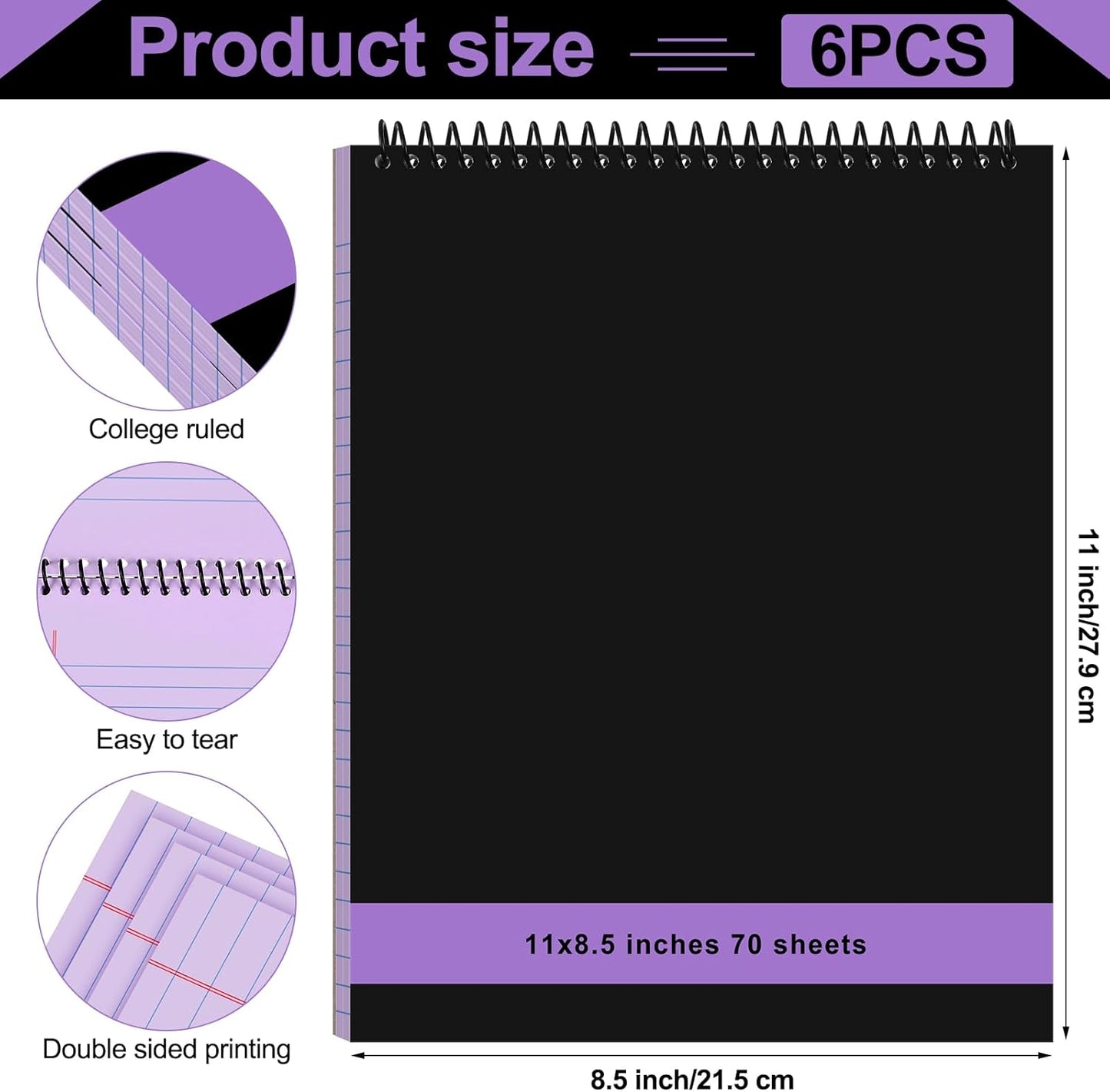 6 Pcs Legal Pad Top Spiral Bound Notebook 70 Sheets Wirebound Notepad Double Sided Ruled Memo Steno Pad with Stiff Back Cover for Business(8.5 x 11 Inches,No Holes,Purple)