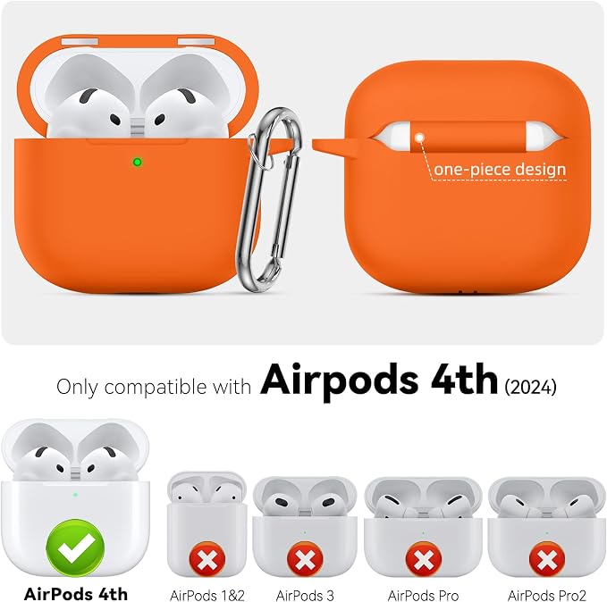 for AirPods 4 Case 2024 with Cleaner Kit & Keychain-Magnetic Orange | Silicone Protective Cover for Apple AirPods 4th Generation Case,for Women Men,One-Piece Design,Shockproof,Dust Proof,Magnetic