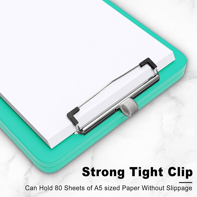 Hongri A5 Clipboard with Storage, Metal Retractable Pen Holder, Green | 6 x 9'' Nursing Plastic Foldable Clip Board, Size 9.4 x 6.1 x 0.9 in, Menu Box for Work, Office & School Supplies
