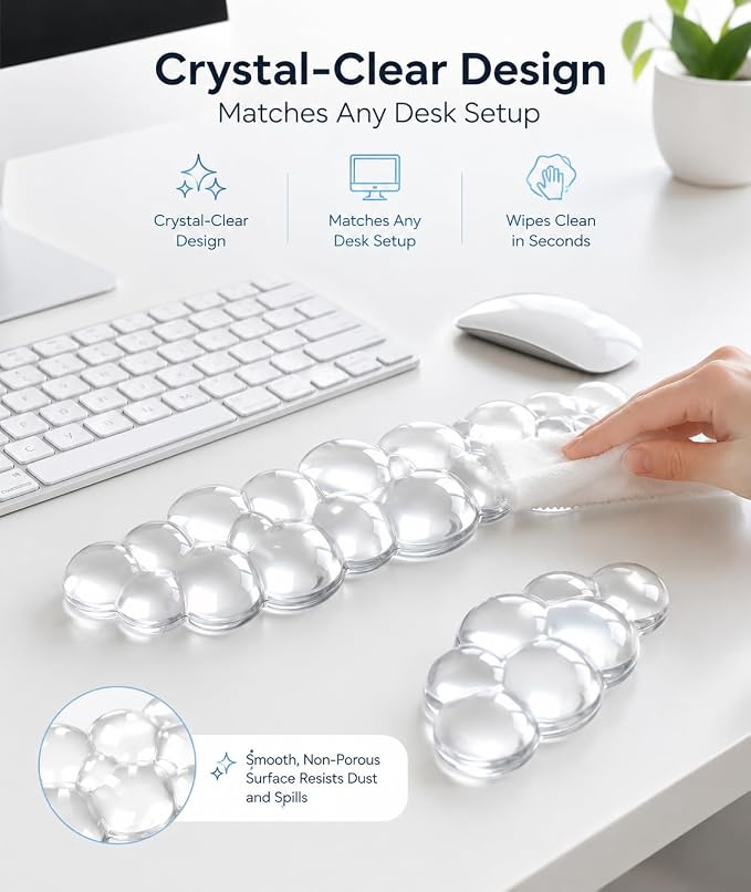 Ergonomic Gel Keyboard Wrist Rest Set, Soft Gel Palm Rest for Keyboard and Mouse, Clear Wrist Support Pad for Typing and Gaming Pain Relief, Non-Slip Base for Computer Laptop (Cloud)