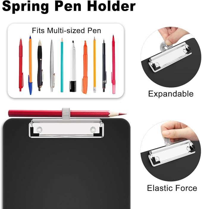 Hongri A5 Clipboard with Storage, Metal Retractable Pen Holder, Black | 6 x 9'' Nursing Plastic Foldable Clip Board, Size 9.4 x 6.1 x 0.9 in, Menu Box for Work, Office & School Supplies