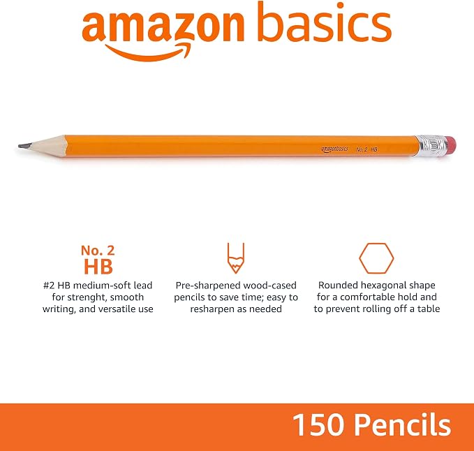 Amazon Basics Wood-Cased #2 Pencils for Writing, Drawing and Sketching, Pre-sharpened, HB Soft Lead with Erasers, Teacher Supplies, 150 Count, Yellow
