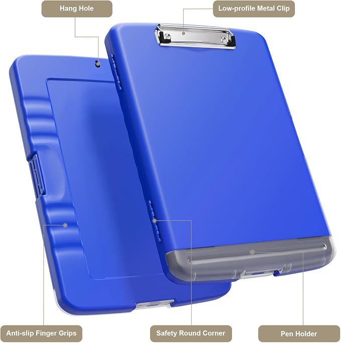 Piasoenc Clipboard with Storage, 8.5 x 11 Clip Board with Pen Holder, Blue | High Capacity, Heavy Duty Plastic Organization Box for A4 Legal Paper Folder, Folio & Side-Opening Nurses, Teachers, Student