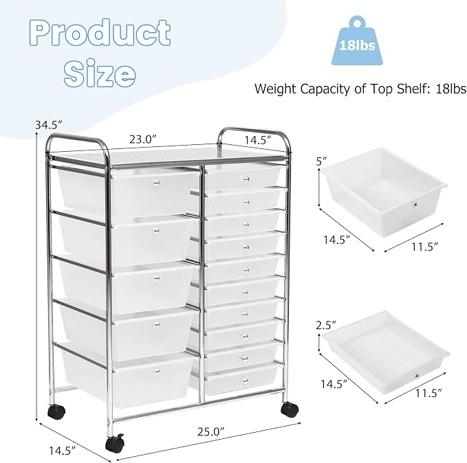 COSTWAY 15 Drawer Rolling Storage Cart, Mobile Storage Organizer | Removable Drawers & Metal Frame, Multipurpose Utility Tools Paper Organizer on Wheels for Home, Office (Transparent)