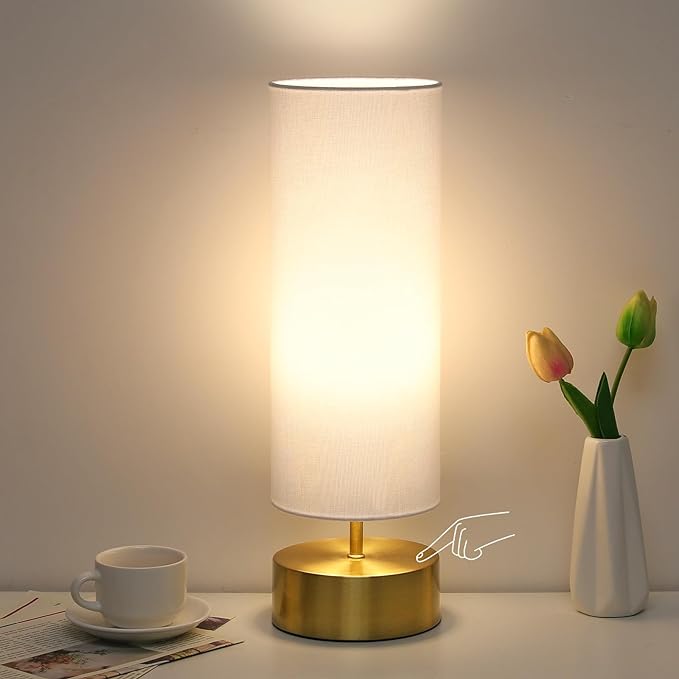 3-Way Dimmable Table Lamp, Touch Control Gold Bedside Lamp with White Shade | Modern Nightstand Touch Lamp, Simple Side Table Lamp, Night Light for Bedroom Living Room Kitchen, LED Bulb Included
