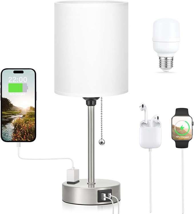 White Bedside Lamp for Bedroom - 3 Color Temperatures Desk Lamp with USB C and A Ports, Pull Chain Table Lamp with AC Outlet, Nightstand Lamp with Silver Metal Base for Kids Girls | USB A+C Ports, AC Outlet, 3-Color Temps, LED Bulb Included, White Fabr...