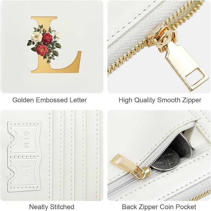 Passport Holder for Travel Personalized Wallet with Wristlet Women | All-in-One Passport Cover, RFID Blocking, Back Coin Pocket, Paper Money Slot, Zipper Closure, Roses Initial Letter, White L