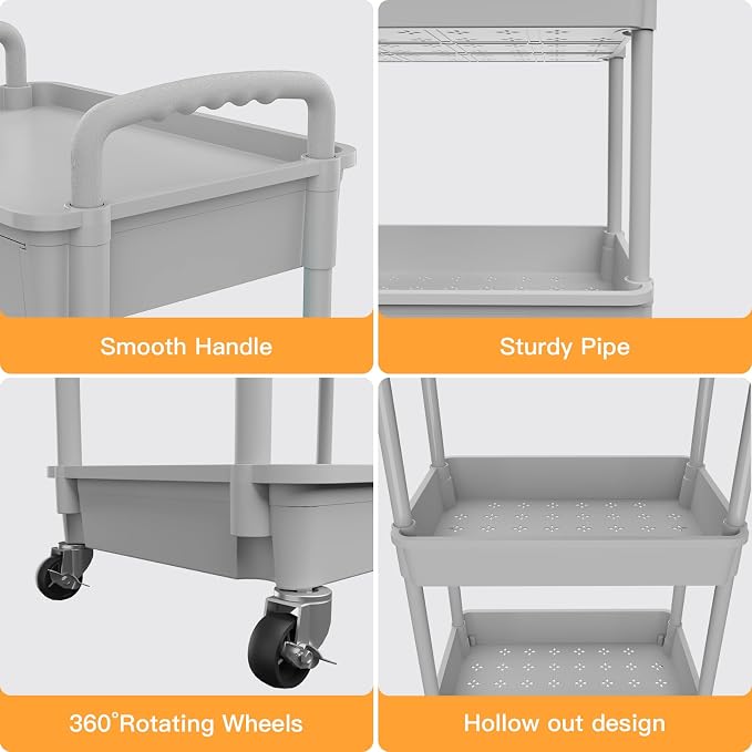 5 Tier Rolling Utility Cart with Drawer,REBECAT Utility Cart Made of Multifunctional Storage Organizer Tool for Kitchen,Bathroom,Living Room,Office(Gray)