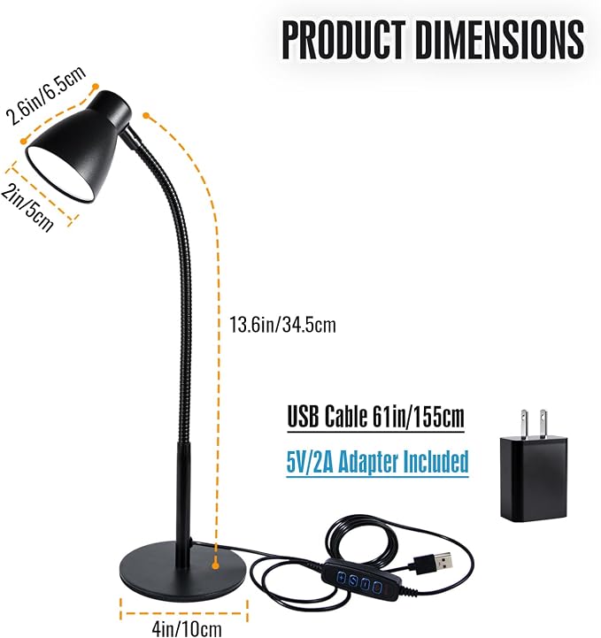 Small Dimmable Gooseneck LED Desk Lamp for Home Office, CRI 90+ Eye-Caring Reading Light, Adjustable Brightness, Perfect for Study Desk (Adapter Included)