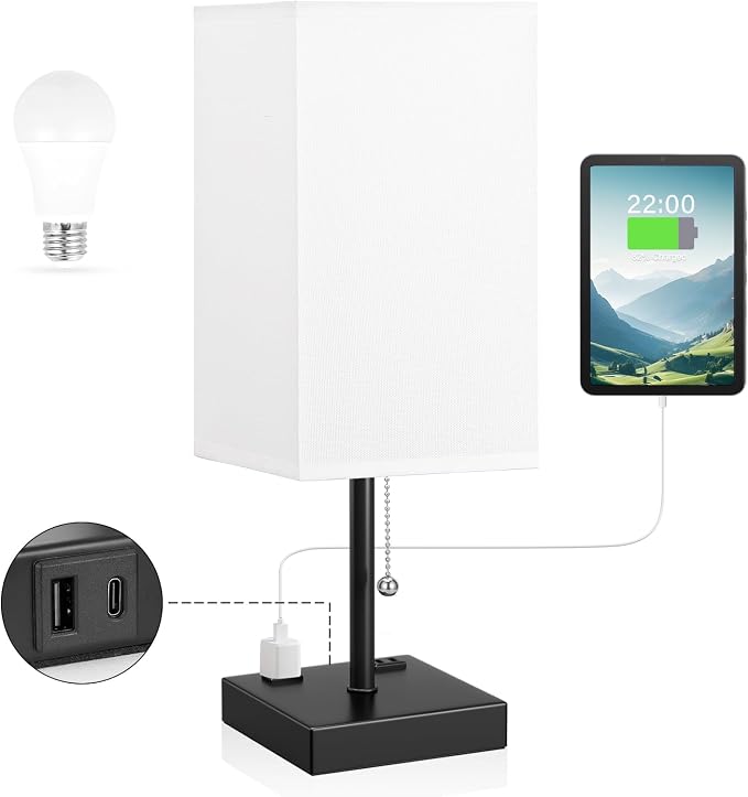 aooshine 17.4" White Bedside Table Lamp for Bedroom - USB C+A, 2 AC Outlets | Pull Chain Lamp, 3 Color Modes(3000K/4000K/5000K), E26 LED Bulb Included, Square White Fabric Lampshade, for Read, Work, Dorm
