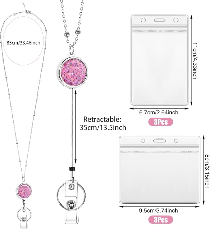 3 Pack Women's Lanyards with 6 Pcs Id Badge Holder for Women's Cruise Lanyards Stainless Steel Glitter Teacher Necklace for Badge Holder Cruise Ship Cards