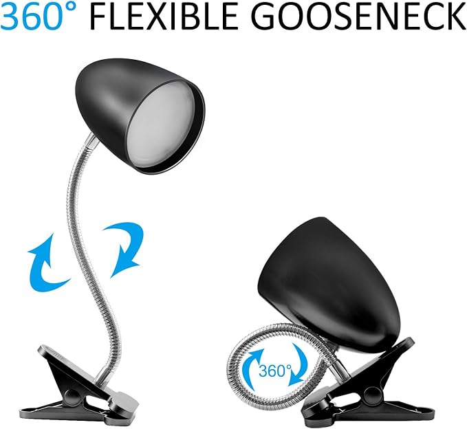 E ENERGETIC LIGHTING Clip on Light for Bed, Non-Dimmable Clip on Reading Light for Bed, 4000K Cool White, 3.5W 240 LM Desk lamp with clamp, Eye Protection, ETL Listed, Black