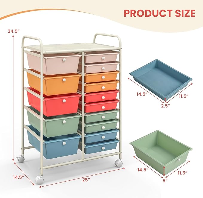 15 Drawer Rolling Storage Cart, Rolling Cart with Drawers for Classroom, Art Supply Craft Organizer on Wheel with Metal Frame & Handles for Home Office School