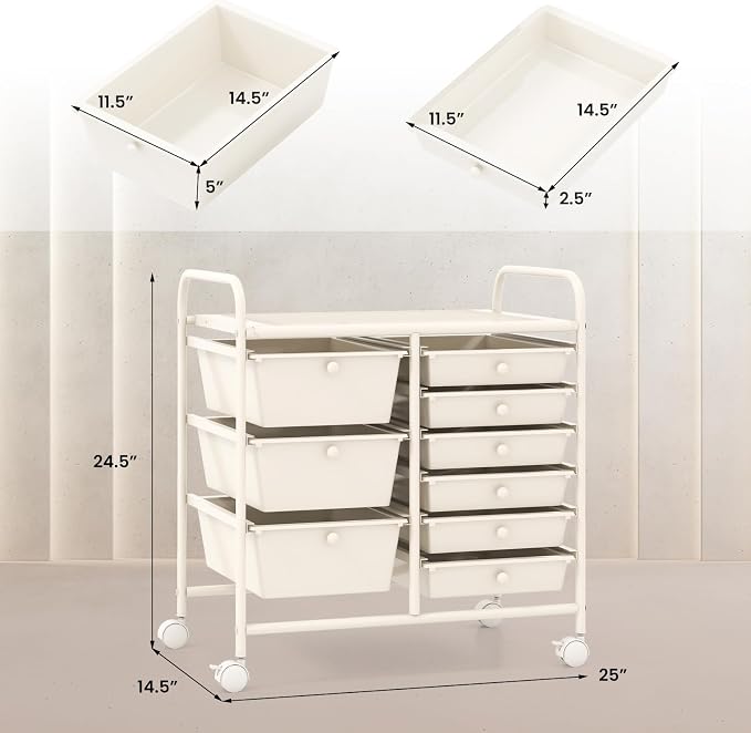 RELAX4LIFE 9 Drawer Rolling Storage Cart - Mobile Drawer Carts for Craft Art Supply Paper Salon, Utility Cart on Wheels for Classroom Teacher School Office, Rolling Cart with Drawers (Ivory White)