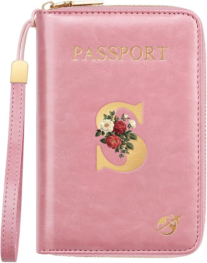 Passport Holder for Travel Personalized Wallet with Wristlet Women | All-in-One Passport Cover, RFID Blocking, Back Coin Pocket, Paper Money Slot, Zipper Closure, Roses Initial Letter, Pink S