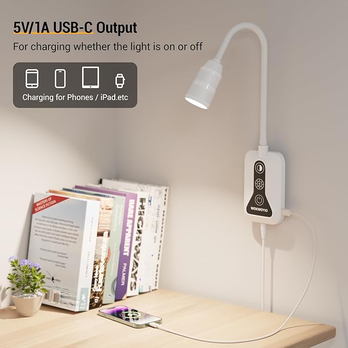 Wall Mounted Reading Light with Hand Sweep Sensor Switch, Book Light for Reading with USB Output, 5 Color & Brightness Dimmable Bedside Light, Wall Lamp with Flexible Neck - White 1 Pack