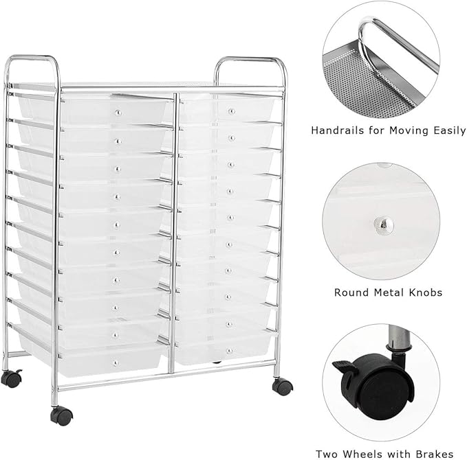 Giantex Storage Drawer Carts, 20-Drawer Organizer, Utility Cart on Wheels, Semi-Transparent Multipurpose Cart for Home Office School Supplies Tools Scrapbook Paper
