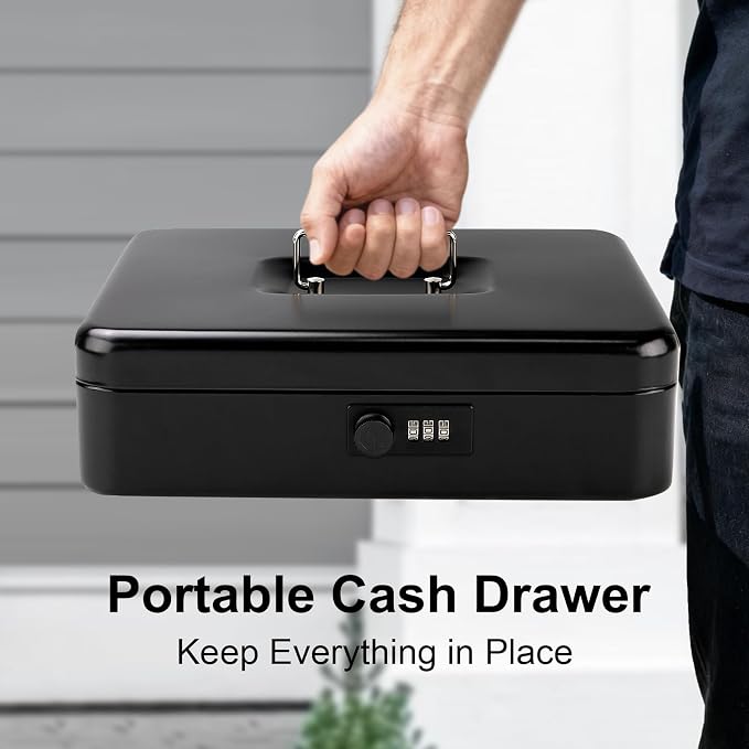 Jssmst Locking Large Metal Cash Box with Money Tray, Money Box with Combination Lock, Black