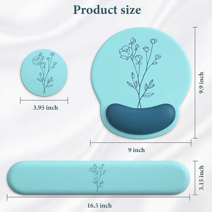 3 in 1 Ergonomic Mouse Pad and Keyboard Wrist Rest with Coaster Set-Blue | Cute Large Mousepad with Gel Wrist Support for Gaming Computer Laptop Women Office Home Desk Decor