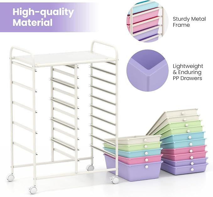 COSTWAY 15 Drawer Rolling Storage Cart, Mobile Storage Organizer | Removable Drawers & Metal Frame, Multipurpose Utility Tools Paper Organizer on Wheels for Home, Office (Ice Cream Colorful)