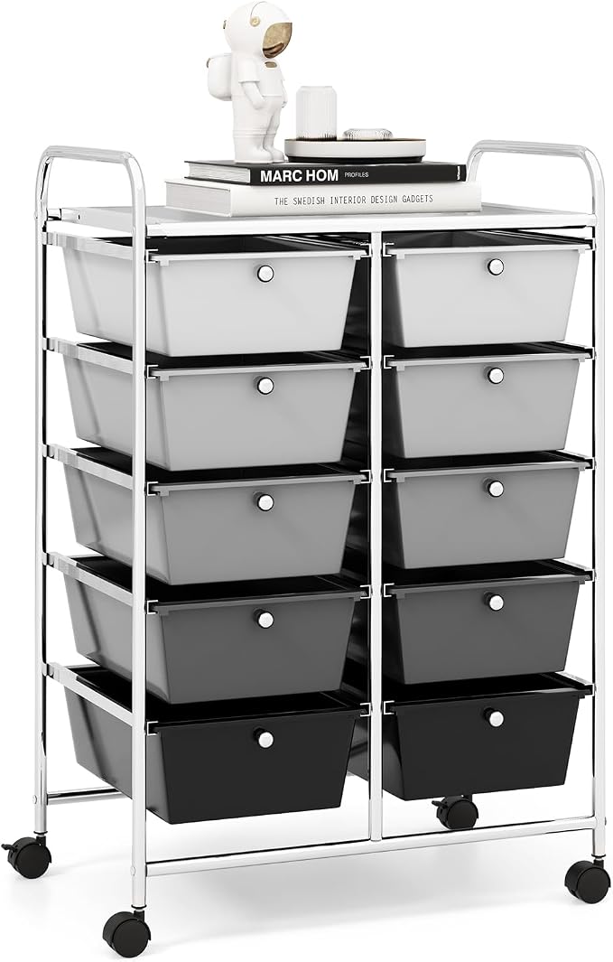 RELAX4LIFE Rolling Storage Cart with 10 Drawers - Craft Storage Cart with Lockable Wheels,Utility Cart, Art Cart Organizer for Crafting Storage, Office, School Rolling Drawer Cart (Gradient Black)
