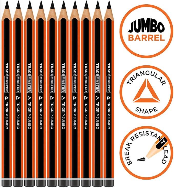 Carpenters Pencils Pack of 10 | Builders Pencil with TriGrip Jumbo Barrel - Construction Pencils Having Hard Lead for Marking Wood, Brick, Concrete & Plasterboard | Work Pencil for Builder