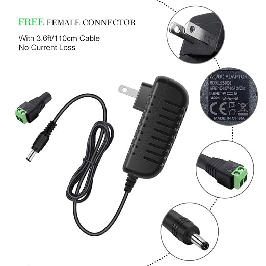 12V Power Supply, 12 Volt 1A 12W DC Power Supply, Black LED Power Adapter, AC 110V to 12V Wall Mounted Transformer Plug for LED Strip Lights with 5.5/2.1 DC Female Connector