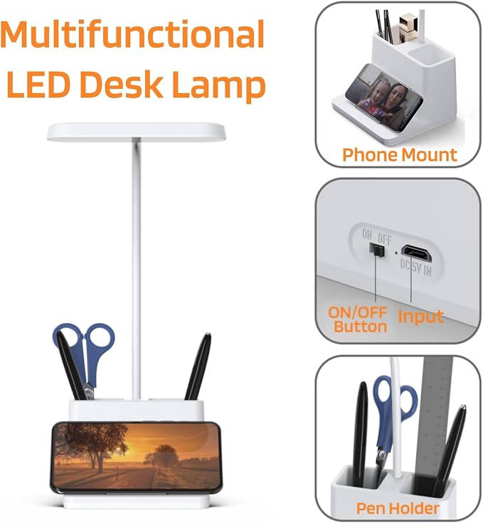 Small Desk Lamp, Rechargeable Cute Table Light for Kids Teens | for College Dorm Room, Home Office, Bedroom, White, LED, Pen Holder, Mini, Gooseneck, Computer Task, Desktop Study