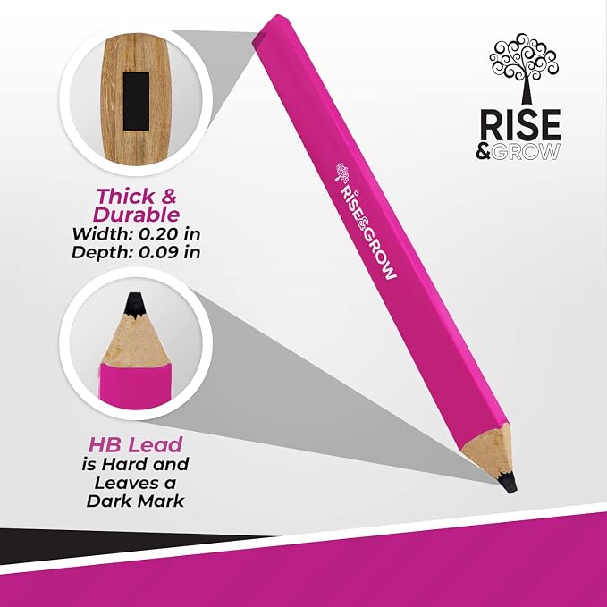 Rise & Grow 50 Set, Neon Pink Carpenters Pencils Bulk 7” – HB Lead Flat Construction Pencils for Men and Women - Woodworking Pencil for Marking Wood, Concrete and Plastic (Pink)