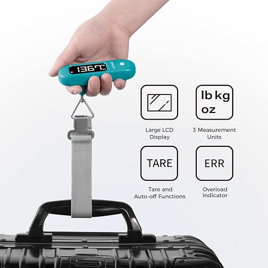 pack all Digital Luggage Scale for Travel, 110Lbs Capacity, 0.1Lb Precision | Handheld, Backlit LCD Display, Lb/Kg/Oz Conversion, Tare Function, Battery Included, Malachite Blue