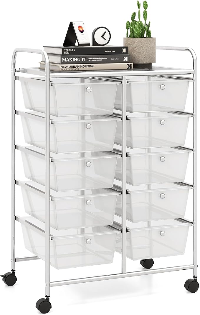 10 Drawer Rolling Cart, Storage Cart Organizer on Wheels, Drawer Cart with Metal Frame & Large Storage Capacity, Rolling Cart with Drawers for Living Room Classroom, Office