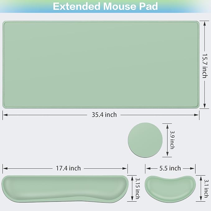 Desk Mat Green, Large Gaming Mouse Pad with Wrist Rest, 4in1 XXL | Mousepad+Keyboard Wrist Rest+Mouse Pad Wrist Support+Cup Coaster Set Ergonomic Computer Desk Arm Wrist for Decor