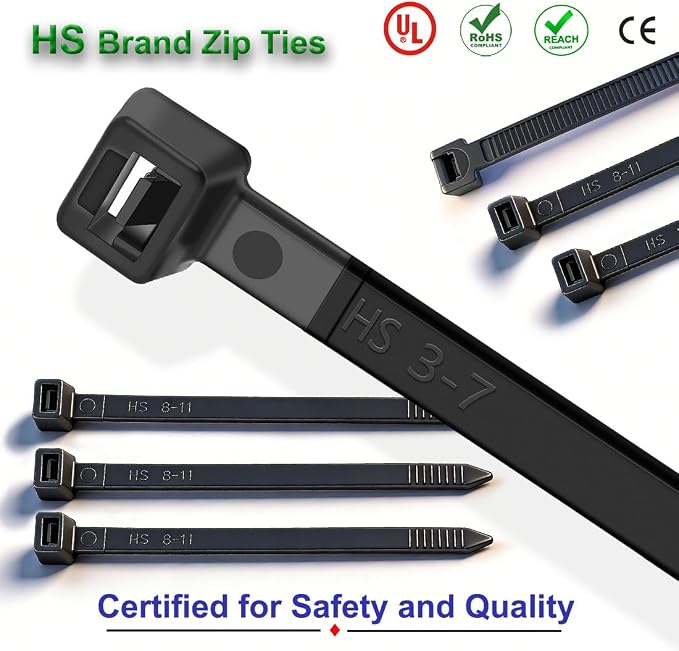HS Durable Plastic Zip Ties 4 Inch 200 Pack Small Tie Wraps Thin 18 Lbs Self-Locking Nylon Cable Ties for Electronics Organizer, Tiny Wire Tie Black