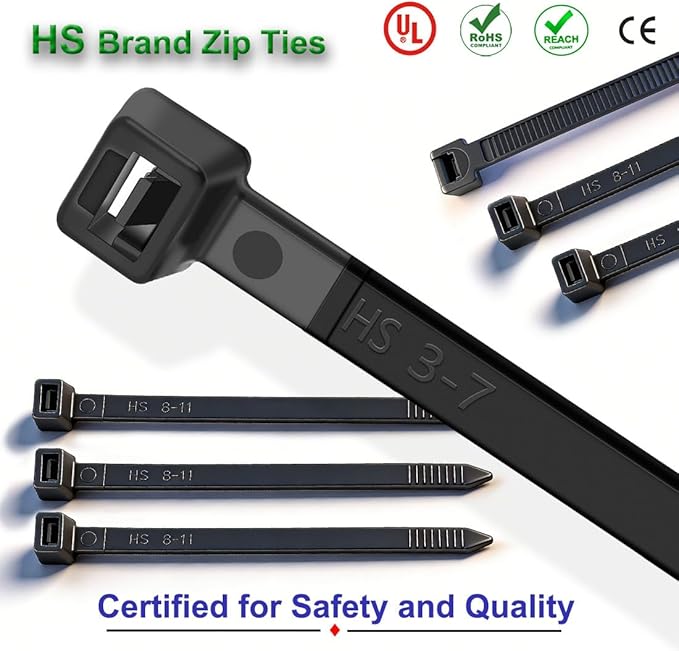 HS Thick Zip Ties 8 Inch x 3/16" (Bulk-500 Count) UV Black Cable Ties 50 Pounds Heavy Duty Self-Locking Strap Ties for Automotive,Outdoor Fence Purpose