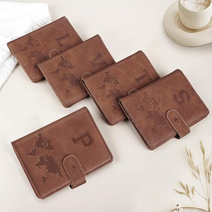 Passport Holder Wallet Cover Personalized Initial Travel Essentials | Embossed Letter A-Z Design, Travel Wallets, RFID Blocking, Passport Book Holders, Women Men, Personalized Gifts, Brown-P