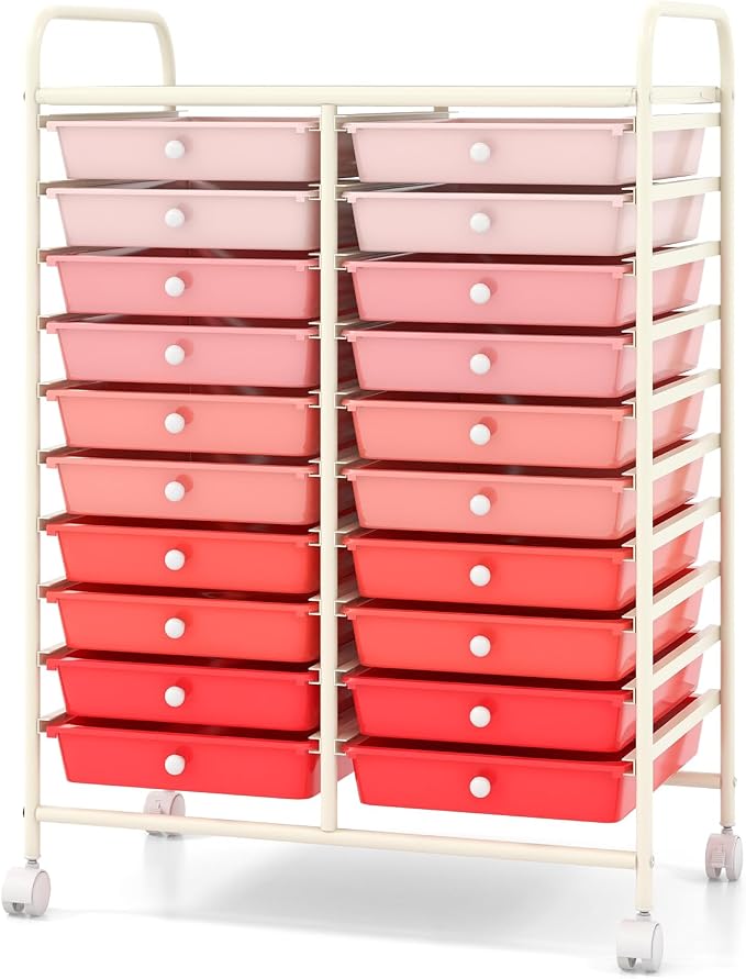 COSTWAY 20-Drawer Rolling Storage Cart, Utility Storage Organizer Cart | For Tools, Scrapbook, Paper, Craft, Multipurpose Storage Trolley on Wheels for Home Office School (Mixed Pink)
