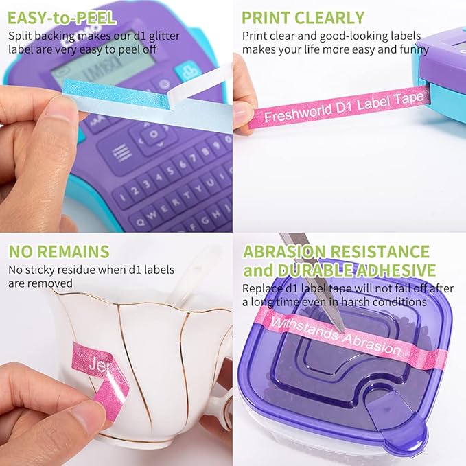 Freshworld Compatible with Dymo D1 Colorpop 12mm 0.47" Label Tape 45013 D1 Label Refills, for COLORPOP Maker Labelmanager 160 280 360D 420P PnP, Clear/White, Black/Purple/Pink Glitter, 5-Pack