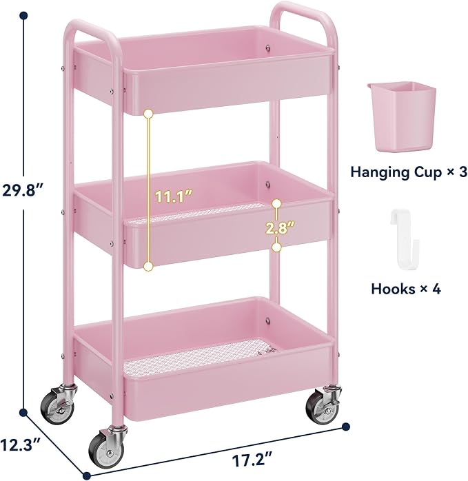 3 Tier Rolling Cart, Heavy Duty Metal Utility Cart with Wheel Pink | Sturdy Rolling Storage Cart With Hooks & Hanging Cups, Great For Craft, Art Workspace, Kitchen ,Snack And Office Storage