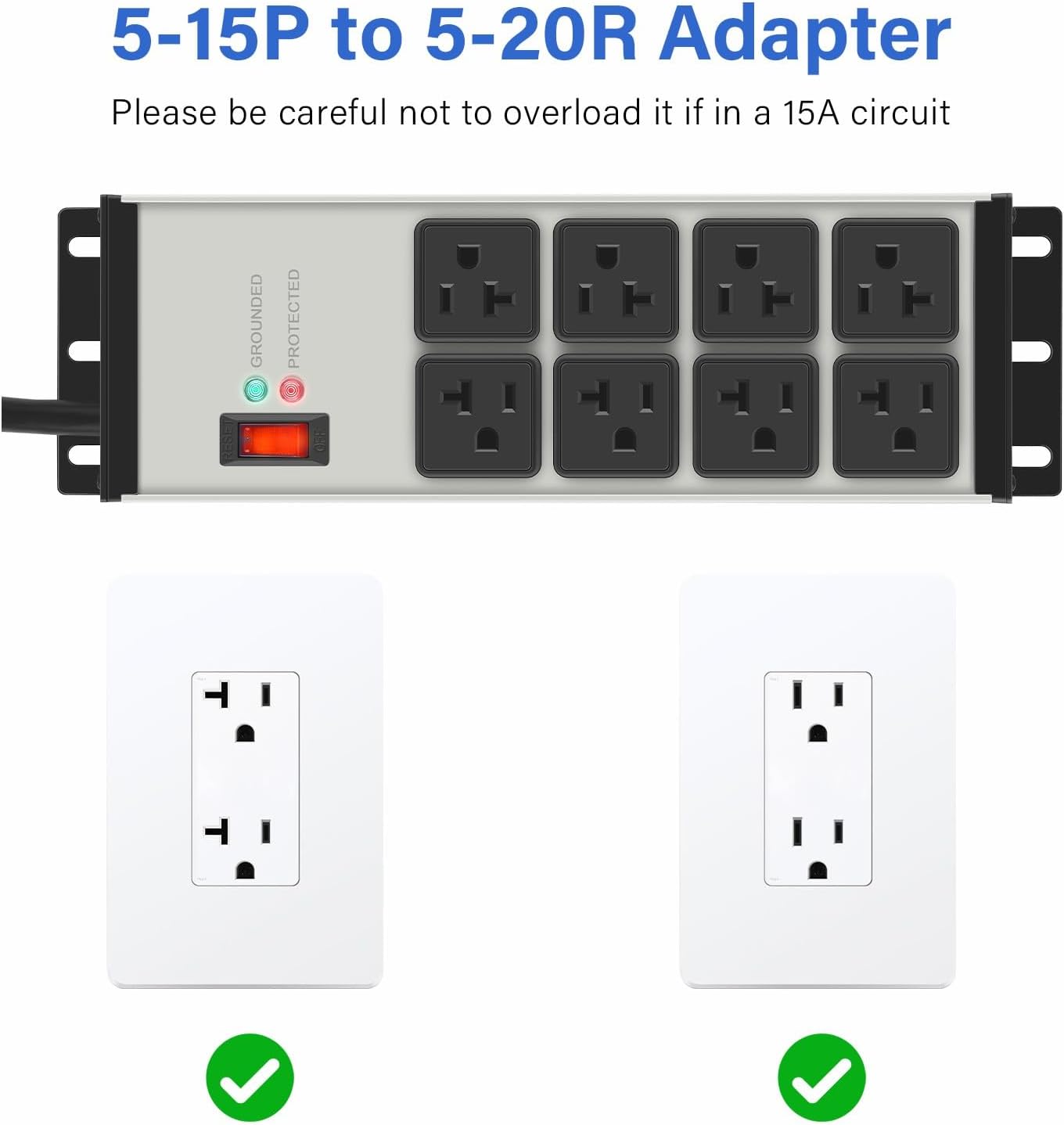 CCCEI 2PCS Heavy Duty Power Strip Surge Protector 20 AMP, 8 Outlets 12 Gauge Shop Garage Metal Multiple Outlets, 10 FT Extension Cord 5-15P Adapter High Amp 6-20R T-Slot 20a for Appliance Grey.