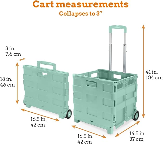 Ultra-Slim Rolling Collapsible Storage Pack-N-Roll Utility-carts, with Telescopic Handle, for Home, Garden, Shopping, Office, School use, Large, Mint