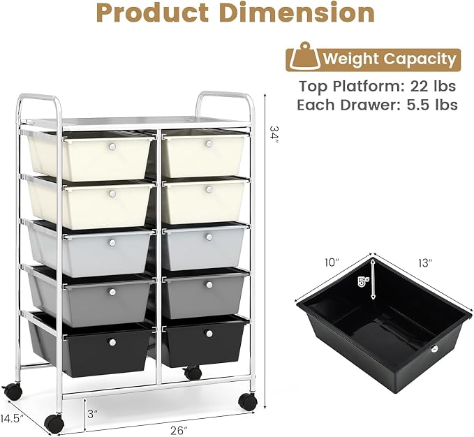 10 Drawer Rolling Cart, Storage Cart Organizer on Wheels, Drawer Cart with Metal Frame & Large Storage Capacity, Rolling Cart with Drawers for Living Room Classroom, Office