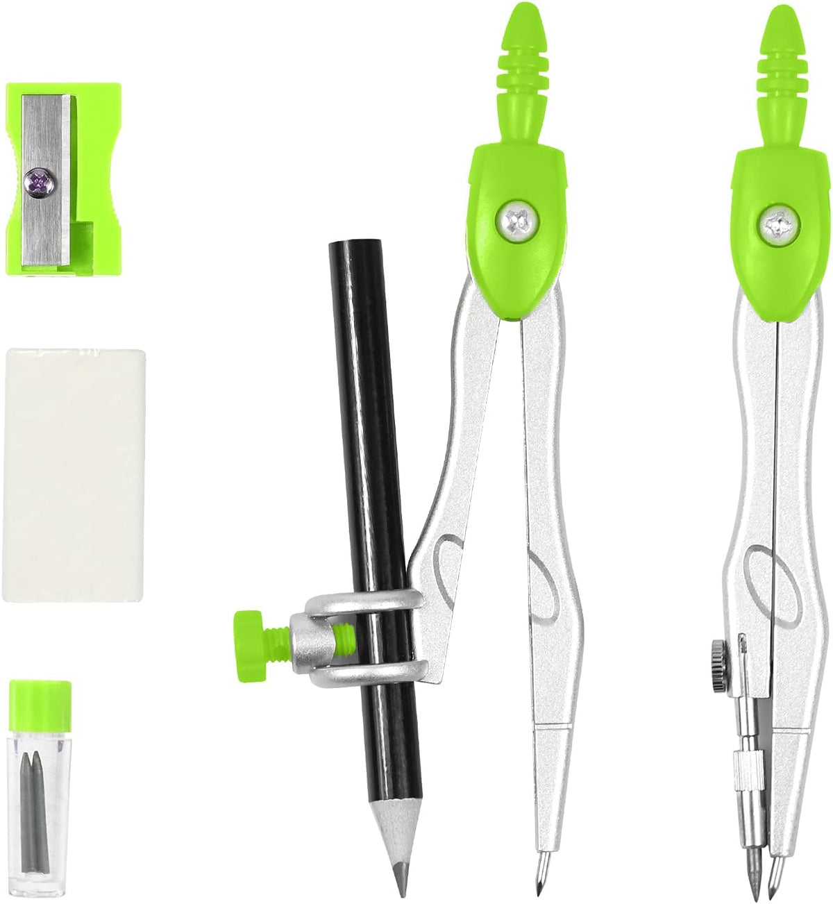 Math Geometry Kit Sets 10 Piece Student Supplies with Shatterproof Storage Box,Includes Rulers,Protractor,Compass,Eraser,Pencil Sharpener,Lead Refills,Pencil,for Drafting and Drawings（Green）