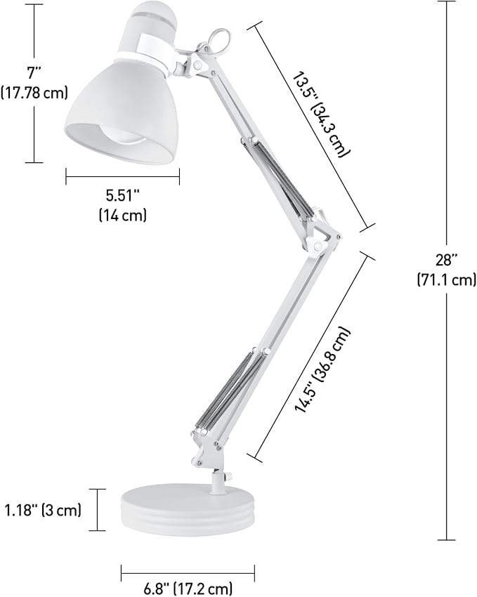 Globe Electric 52024 28" Swing Arm Architect Desk Lamp, Matte White, Rotary Switch on Shade, Partially Adjustable Arm, Modern Lighting for Bedroom or Office, Timeless, Indoor Lights