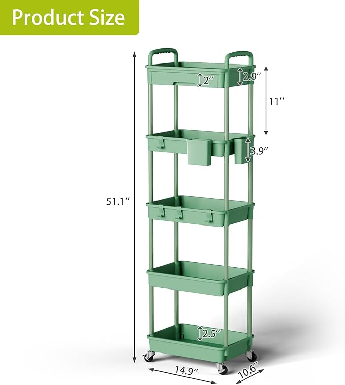 Sorgion 5 Tier Rolling Cart Organizer,Bathroom Cart Organizers with Wheels Laundry Room Organization Mobile Shelving Unit Utility Cart Storage Shelves Multi-Functional for Office, Home(Green)