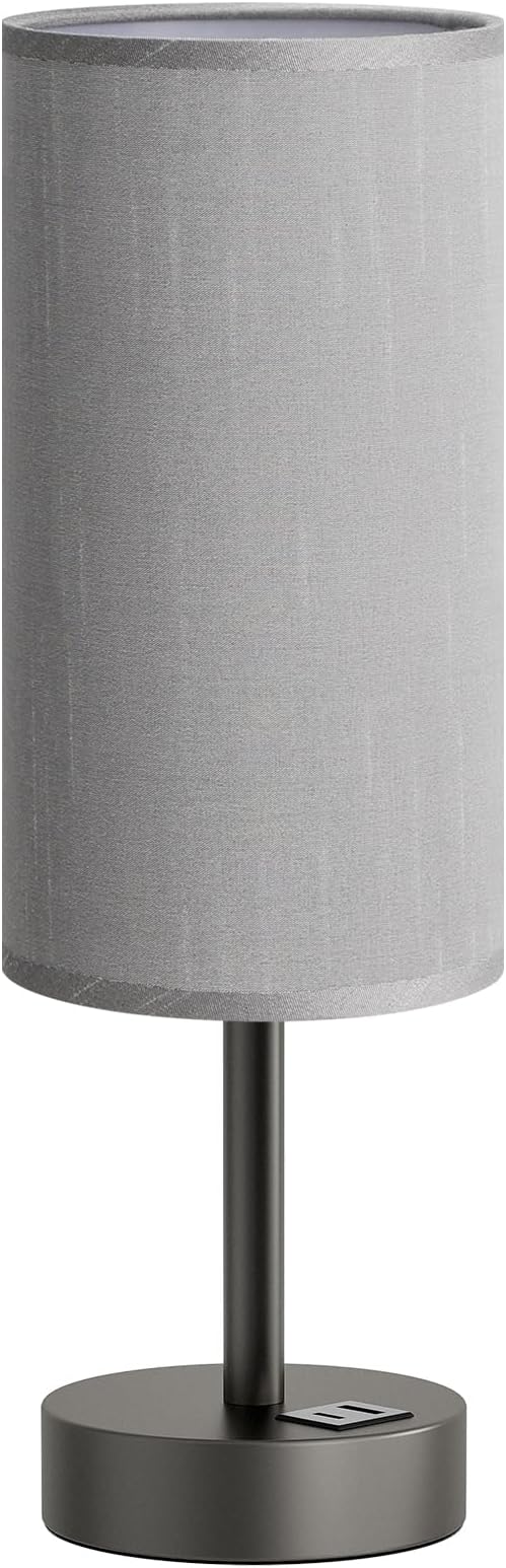 Dicoool Bedside Table Lamp for Bedroom - 3-Way Dimmable Touch Lamp, USB A+C | LED Bulb Included, 14" Small Nightstand Lamp for Desk, Living Room, Guest Room, Grey Fabric Lampshade, Grey Metal Base