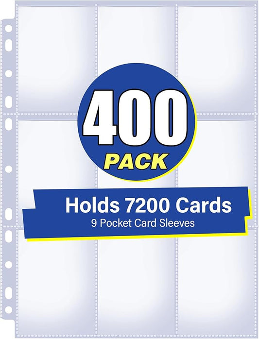 400 Pack 9 Pocket Card Sleeves Binder Sheets, Holds 7200 Cards, Trading Card Sleeves for 3 Ring Binder, Protective Pages Sheets for Baseball, Football, Business, Game Cards