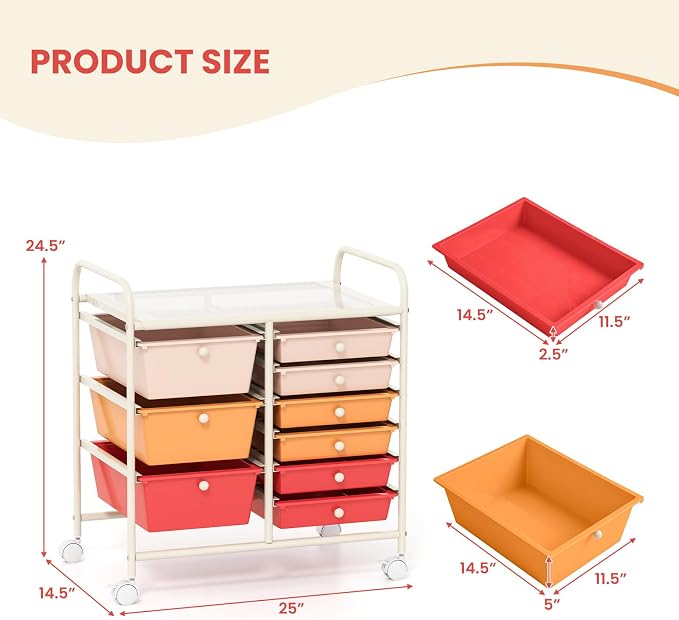 9 Drawer Rolling Storage Cart, Rolling Cart with Drawers for Classroom, Art Supply Craft Organizer on Wheel with Metal Frame & Handles for Home Office School